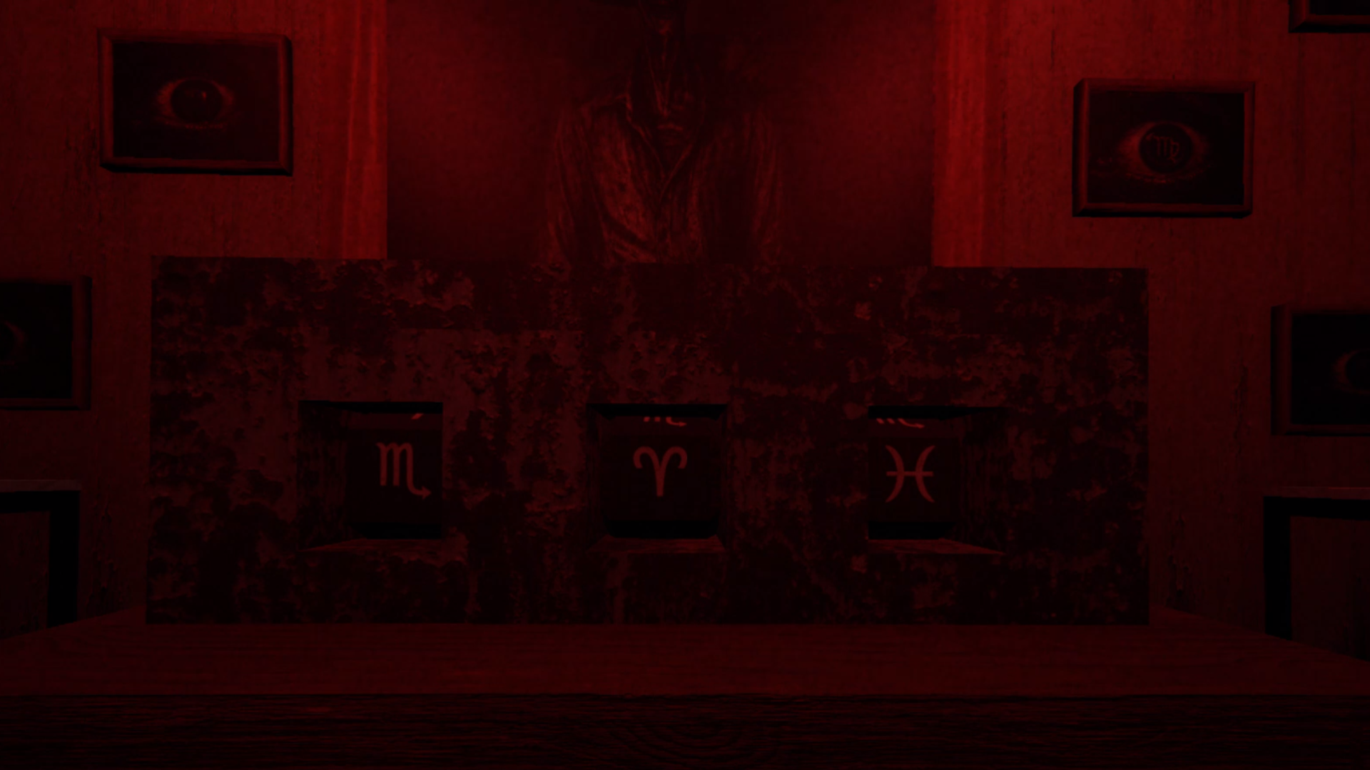 Altar con símbolos zodiacales en luz roja